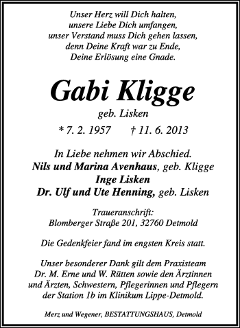 Anzeige  Gabi Kligge  Lippische Landes-Zeitung