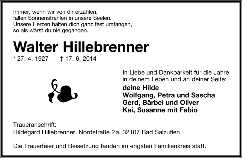  Traueranzeige für Walter Hillebrenner vom 25.06.2014 aus Lippische Landes-Zeitung
