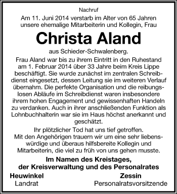 Anzeige  Christa Aland  Lippische Landes-Zeitung
