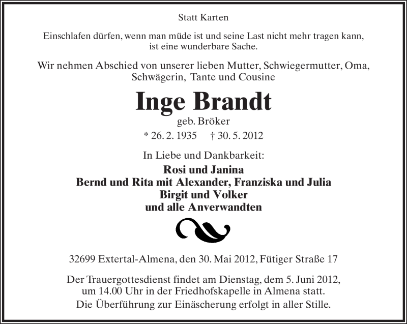  Traueranzeige für Inge Brandt vom 02.06.2012 aus Lippische Landes-Zeitung