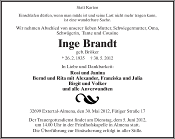 Anzeige  Inge Brandt  Lippische Landes-Zeitung