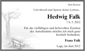 Anzeige  Hedwig Falk  Lippische Landes-Zeitung