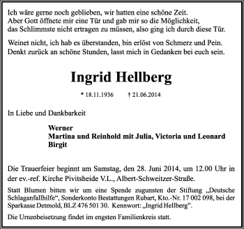 Anzeige  Ingrid Hellberg  Lippische Landes-Zeitung