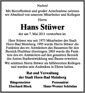 Anzeige  Hans Stüwer  Lippische Landes-Zeitung