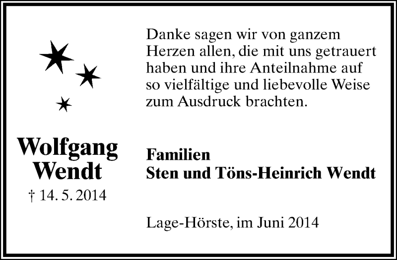  Traueranzeige für Wolfgang Wendt vom 28.06.2014 aus Lippische Landes-Zeitung