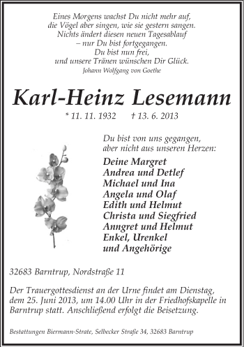 Anzeige  Karl-Heinz Lesemann  Lippische Landes-Zeitung