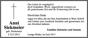 Anzeige  Anni Siekmeier  Lippische Landes-Zeitung