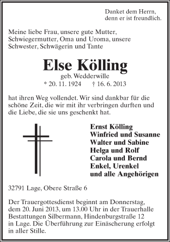 Anzeige  Else Kölling  Lippische Landes-Zeitung
