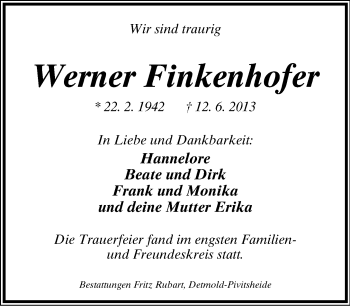 Anzeige  Werner Finkenhofer  Lippische Landes-Zeitung
