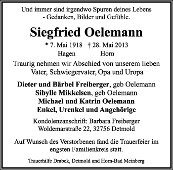 Anzeige  Siegfried Oelemann  Lippische Landes-Zeitung