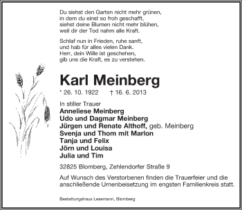 Anzeige  Karl Meinberg  Lippische Landes-Zeitung