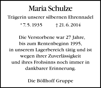 Anzeige  Maria Schulze  Lippische Landes-Zeitung