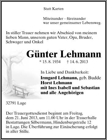 Anzeige  Günter Lehmann  Lippische Landes-Zeitung