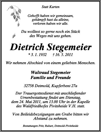 Anzeige  Dietrich Stegemeier  Lippische Landes-Zeitung