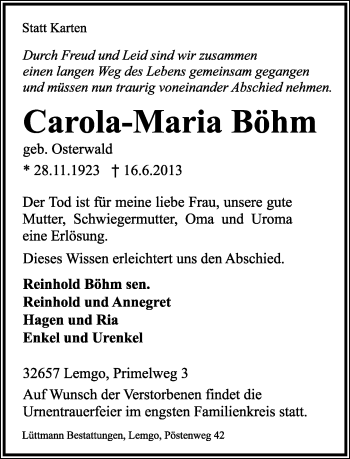 Anzeige  Carola-Maria Böhm  Lippische Landes-Zeitung