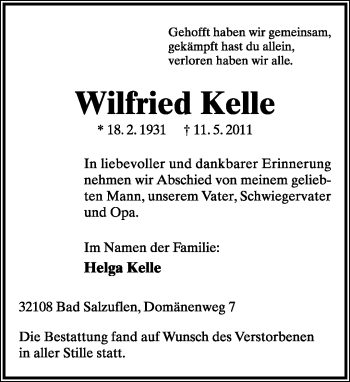 Anzeige  Wilfried Kelle  Lippische Landes-Zeitung