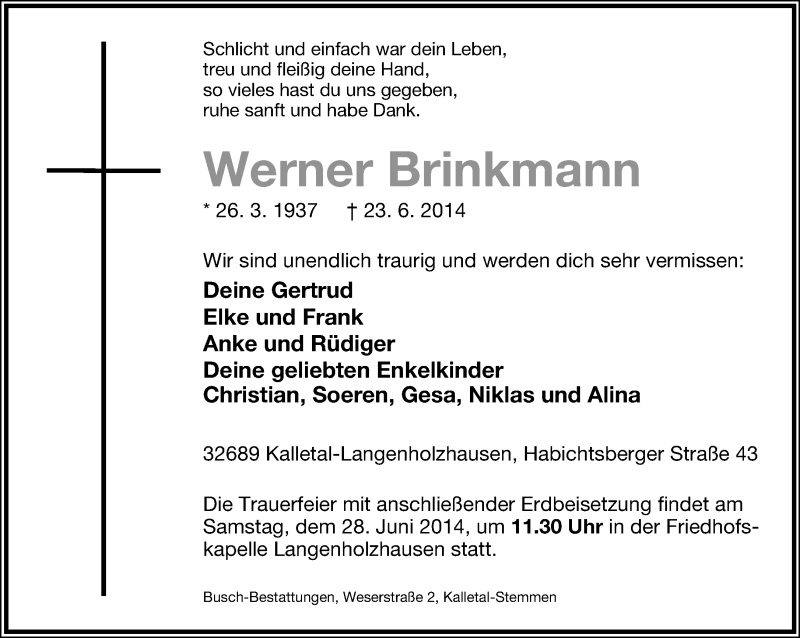  Traueranzeige für Werner Brinkmann vom 26.06.2014 aus Lippische Landes-Zeitung