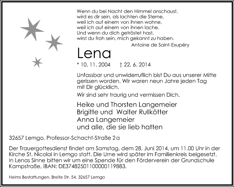  Traueranzeige für Lena  vom 26.06.2014 aus Lippische Landes-Zeitung
