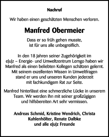 Anzeige  Manfred Obermeier  Lippische Landes-Zeitung