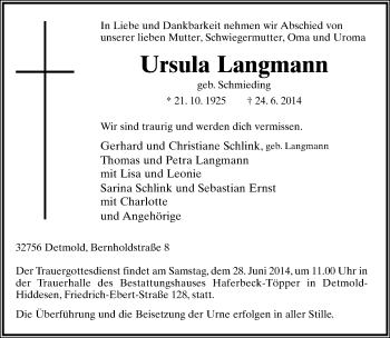 Anzeige  Ursula Langmann  Lippische Landes-Zeitung