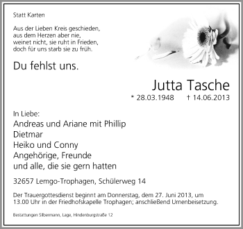 Anzeige  Jutta Tasche  Lippische Landes-Zeitung