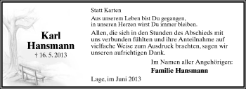 Anzeige  Karl Hansmann  Lippische Landes-Zeitung