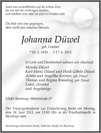 Anzeige  Johanna Düwel  Lippische Landes-Zeitung
