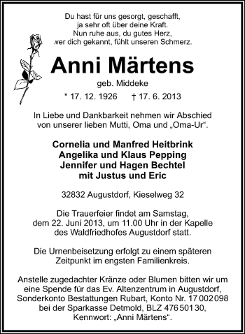 Anzeige  Anni Märtens  Lippische Landes-Zeitung