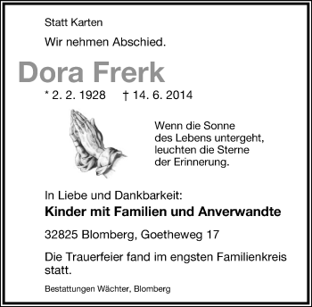 Anzeige  Dora Frerk  Lippische Landes-Zeitung