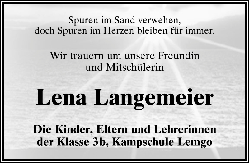  Traueranzeige für Lena Langemeier vom 28.06.2014 aus Lippische Landes-Zeitung