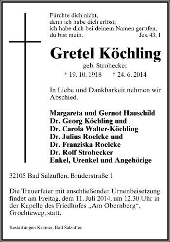 Anzeige  Gretel Köchling  Lippische Landes-Zeitung