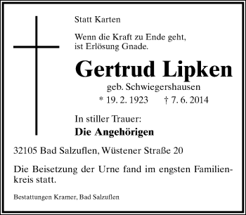 Anzeige  Gertrud Lipken  Lippische Landes-Zeitung