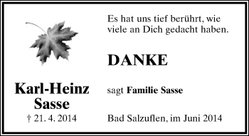 Anzeige  Karl-Heinz Sasse  Lippische Landes-Zeitung