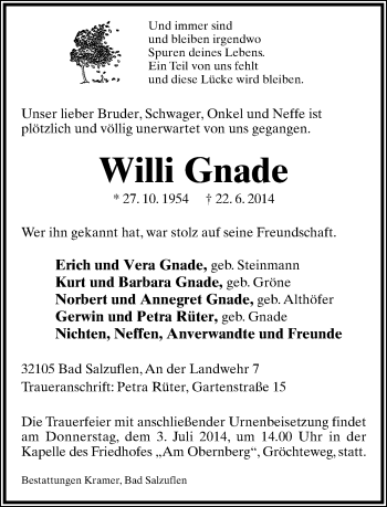 Anzeige  Willi Gnade  Lippische Landes-Zeitung