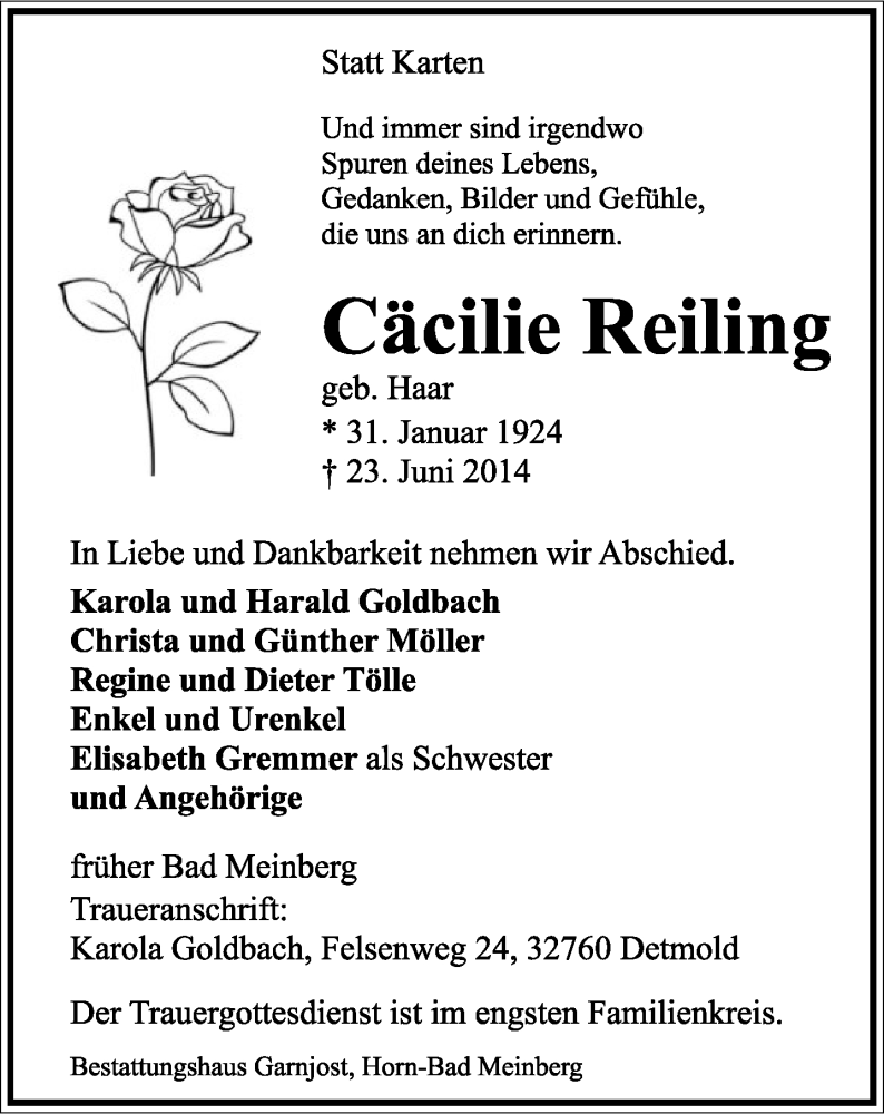  Traueranzeige für Cäcilie Reiling vom 28.06.2014 aus Lippische Landes-Zeitung