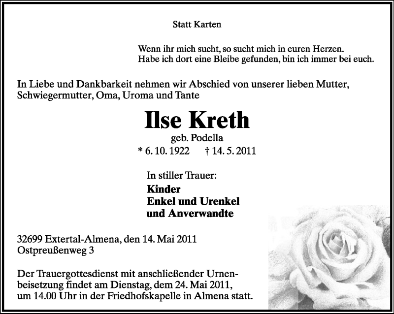  Traueranzeige für Ilse Kreth vom 21.05.2011 aus Lippische Landes-Zeitung