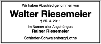 Anzeige  Walter Riesemeier  Lippische Landes-Zeitung