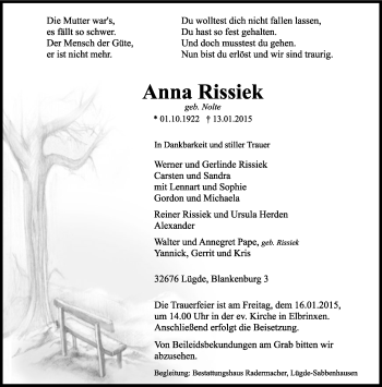 Anzeige  Anna Rissiek  Lippische Landes-Zeitung