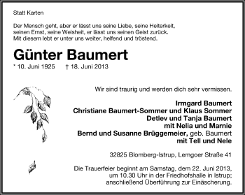 Anzeige  Günter Baumert  Lippische Landes-Zeitung