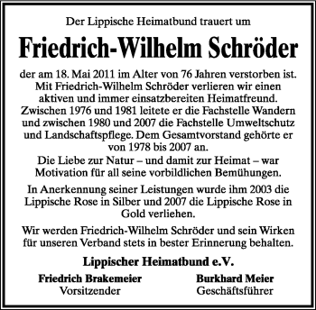 Anzeige  Friedrich-Wilhelm Schröder  Lippische Landes-Zeitung