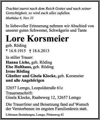 Anzeige  Lore Korsmeier  Lippische Landes-Zeitung