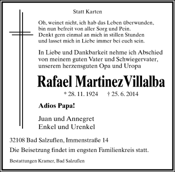 Anzeige  Rafael Martinez Villalba  Lippische Landes-Zeitung