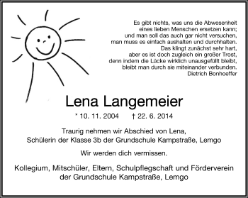 Anzeige  Lena Langemeier  Lippische Landes-Zeitung