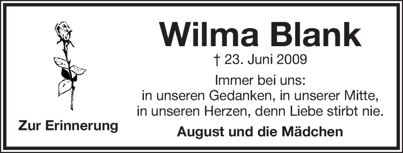 Traueranzeige für Wilma Blank vom 22.06.2013 aus Lippische Landes-Zeitung