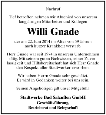 Anzeige  Willi Gnade  Lippische Landes-Zeitung