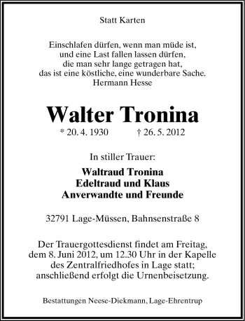 Anzeige  Walter Tronina  Lippische Landes-Zeitung