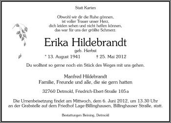 Anzeige  Erika Hildebrandt  Lippische Landes-Zeitung
