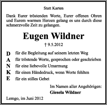 Anzeige  Eugen Wildner  Lippische Landes-Zeitung