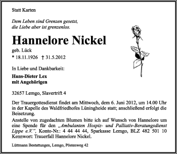 Anzeige  Hannelore Nickel  Lippische Landes-Zeitung