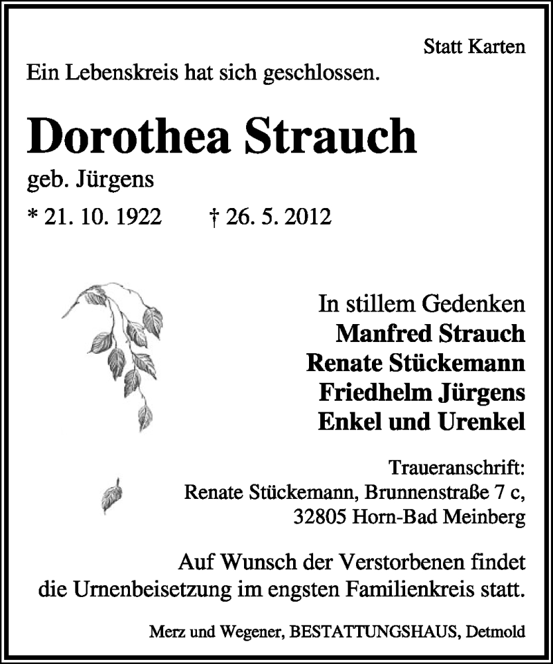  Traueranzeige für Dorothea Strauch vom 02.06.2012 aus Lippische Landes-Zeitung